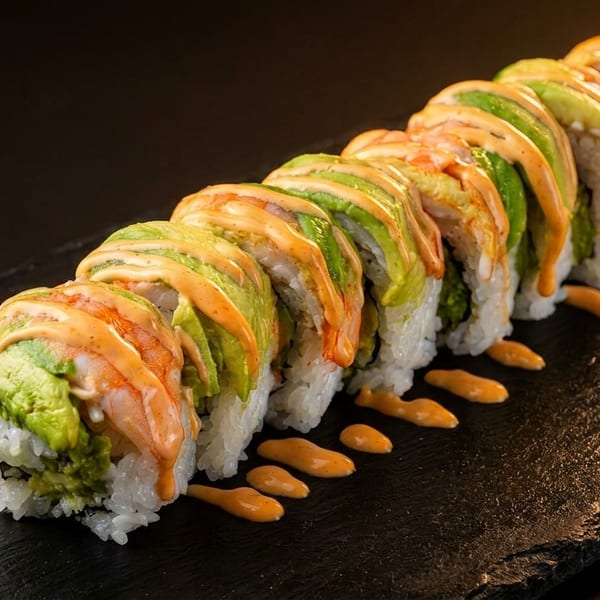 Dragon sushi roll with avocado, shrimp, and spicy sauce on a dark slate board.