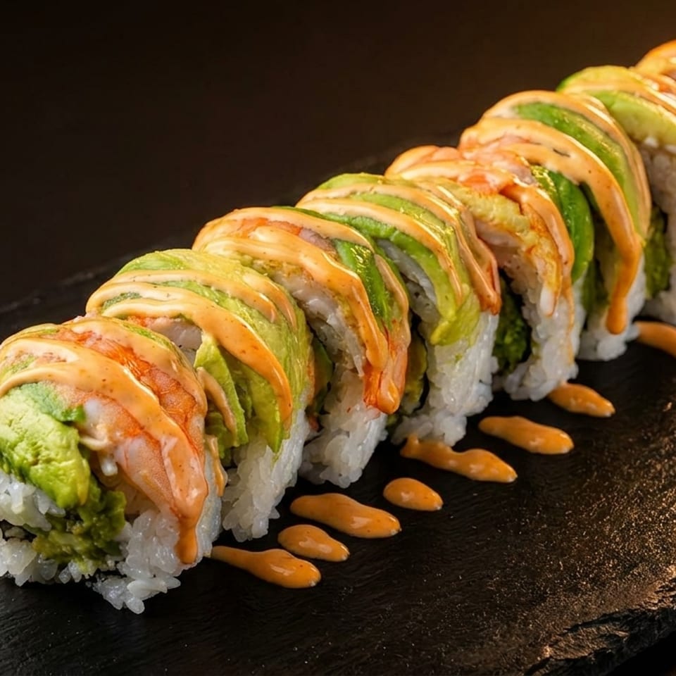Dragon sushi roll with avocado, shrimp, and spicy sauce on a dark slate board.