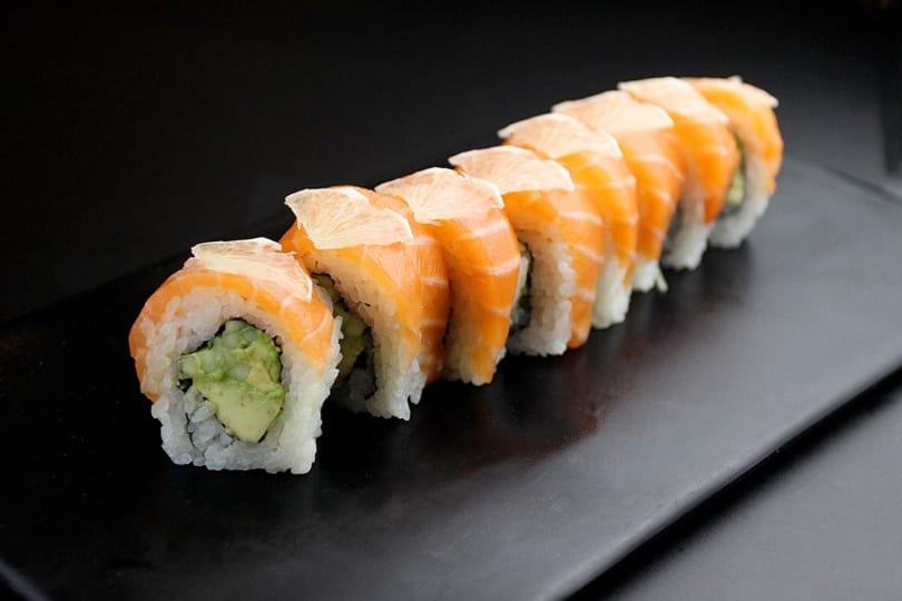A row of salmon and avocado sushi rolls with thin lemon slices on a dark plate.