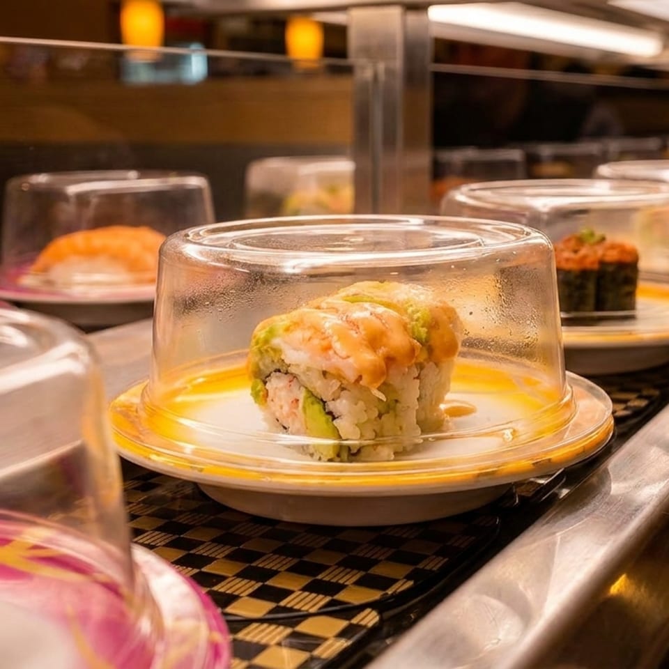 Sushi plates with clear covers move along a conveyor belt in a restaurant.