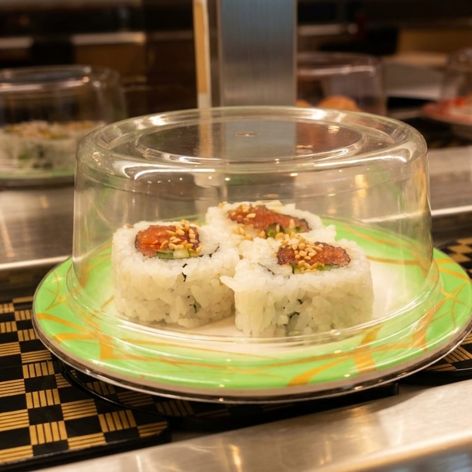 Three pieces of sushi with red filling and sesame seeds on a green plate, covered by a clear dome.