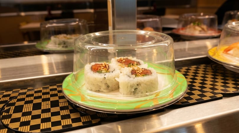 Three pieces of sushi with red filling and sesame seeds on a green plate, covered by a clear dome.