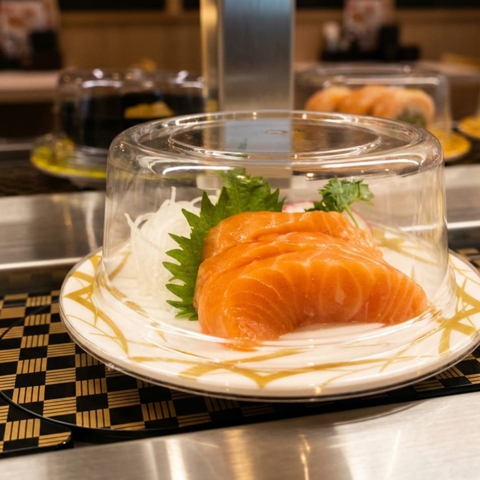 Fresh salmon sashimi on a plate with a clear dome cover, moving on a sushi conveyor belt.