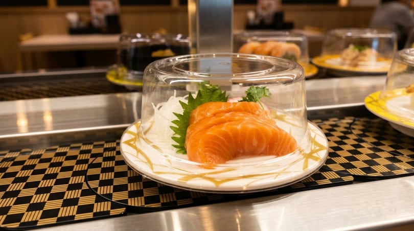 Fresh salmon sashimi on a plate with a clear dome cover, moving on a sushi conveyor belt.