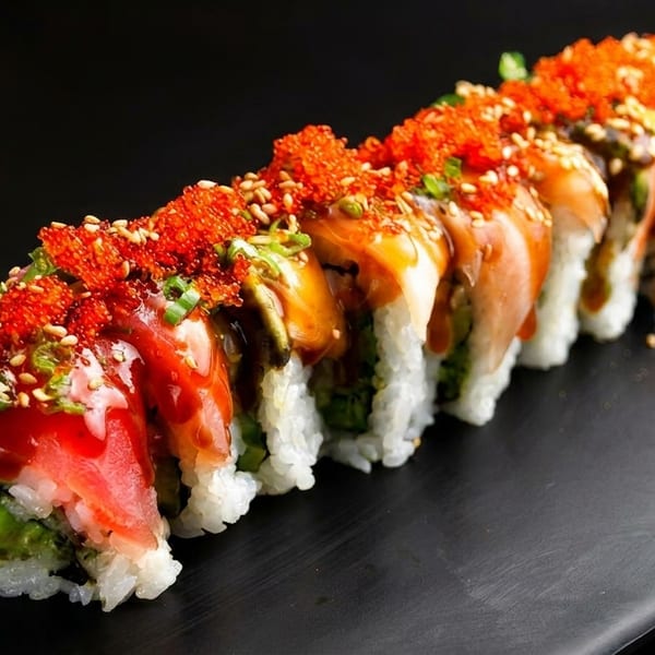 Sushi roll with red fish, green filling, orange sauce, red roe, and sesame seeds on a black plate.